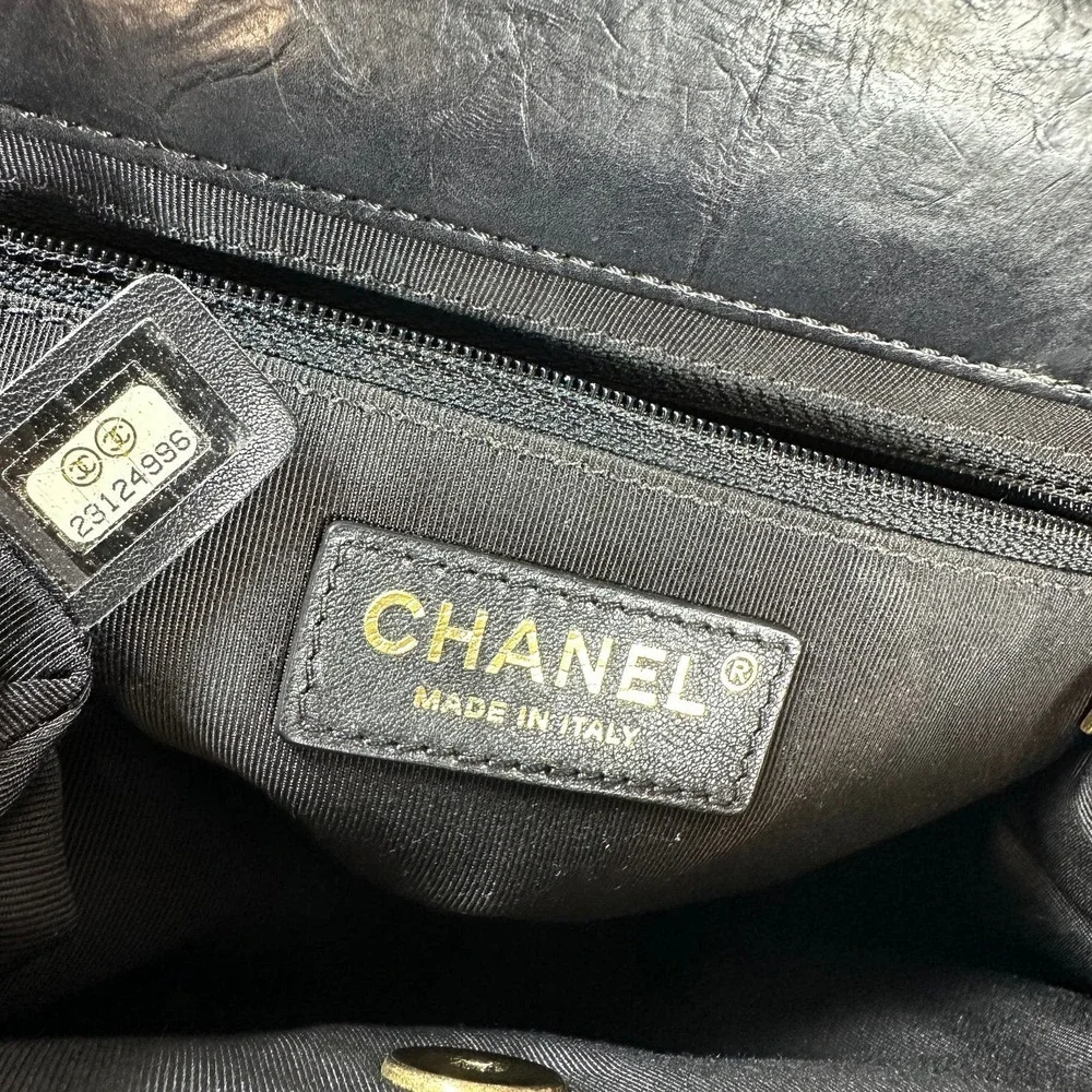 Chanel Frame Shoulder Bag CC Distressed Quilted Leather Black/Gold Thick Chain